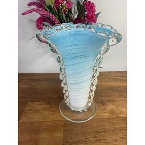 Vintage Murano‎ Style Blue Swirl Art Glass Vase Applied Clear Prunts Gold Fleck